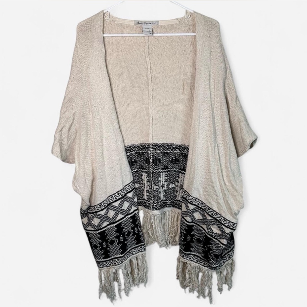 American Rag Boho Fringe Kimono Cream Cardigan - Aztec Knit Open Front - Medium
